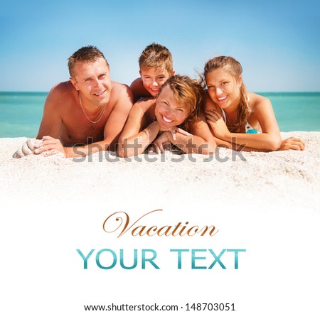Happy Family Having Fun At The Beach. Joyful Family. Vacation And Travel Concept. Summer Holidays. Parents With Children Enjoying A Holiday At The Sea