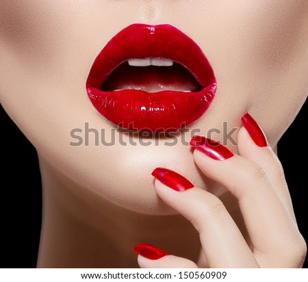 Red Sexy Lips And Nails Closeup. Open Mouth. Manicure And Makeup. Make Up Concept. Kiss