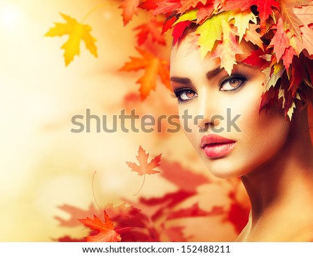 Autumn Woman Portrait. Beauty Fashion Model Girl With Autumnal Make Up And Hair Style. Fall. Creative Autumn Makeup. Beautiful Face.