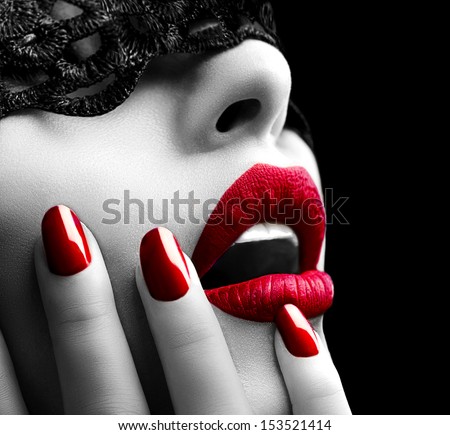 Beautiful Woman with Black Lace mask over her Eyes. Red Sexy Lips and Nails closeup. Open Mouth. Manicure and Makeup. Make up concept. Passion