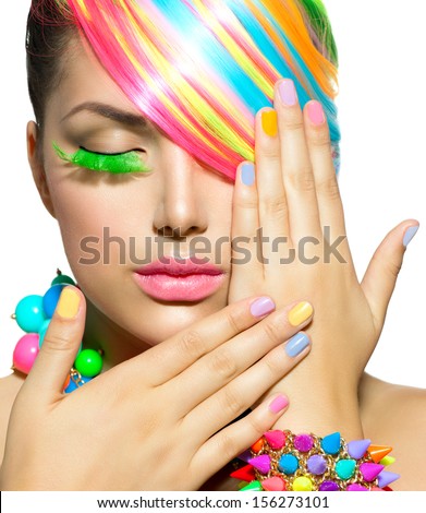 Beauty Girl Portrait With Colorful Makeup, Hair, Nail Polish And Accessories. Colourful Studio Shot Of Stylish Woman. Vivid Colors. Manicure And Hairstyle. Rainbow Colours