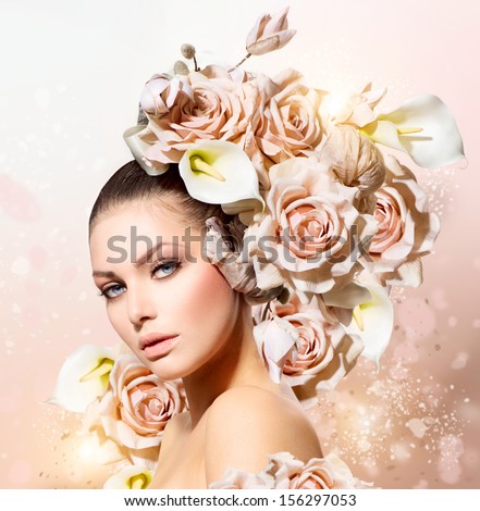 Fashion Beauty Model Girl With Flowers Hair. Bride. Perfect Creative Make Up And Hair Style. Hairstyle. Bouquet Of Beautiful Flowers