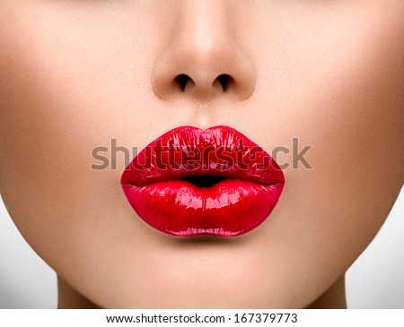 Sexy Lips. Beauty Red Lip Makeup Detail. Beautiful Make-Up Closeup. Sensual Open Mouth. Lipstick Or Lipgloss. Kiss. Beauty Model Woman'S Face Close-Up
