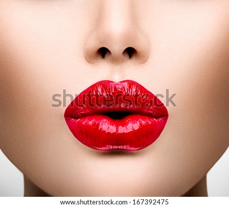 Sexy Lips. Beauty Red Lip Makeup Detail. Beautiful Make-Up Closeup. Sensual Open Mouth. Lipstick Or Lipgloss. Kiss. Beauty Model Woman\'S Face Close-Up. Valentine Kiss