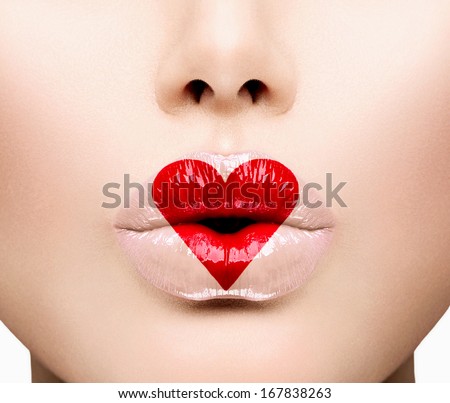 Valentine Heart Kiss On The Lips. Makeup. Beauty Sexy Lips With Heart Shape Paint. Valentines Day. Beautiful Love Make-Up