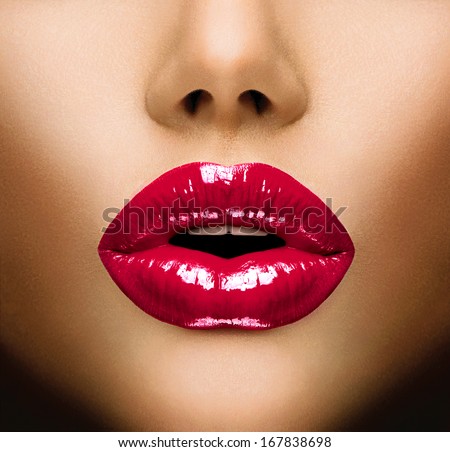 Sexy Lips. Beauty Red Lip Makeup Detail. Beautiful Make-Up Closeup. Sensual Open Mouth. Lipstick Or Lipgloss. Kiss. Beauty Model Woman\'S Face Close-Up