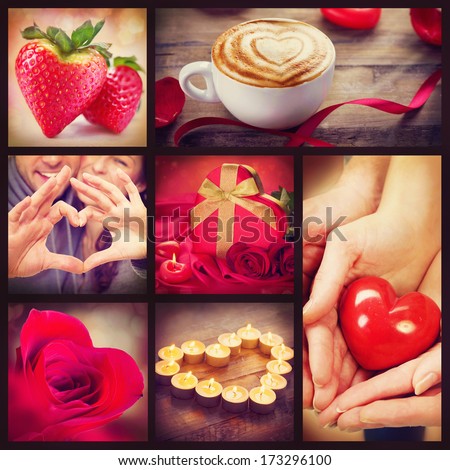 Valentine Collage Valentines Day Hearts art design Love Red heart roses lips ribbons on wooden background Coffee Gift Strawberry Flower Petals burning Candles and heart in hands Valentine Collage Valentines Day Hearts art design Love Red heart roses lips ribbons on wooden background Coffee Gift Strawberry Flower Petals burning Candles and heart in hands