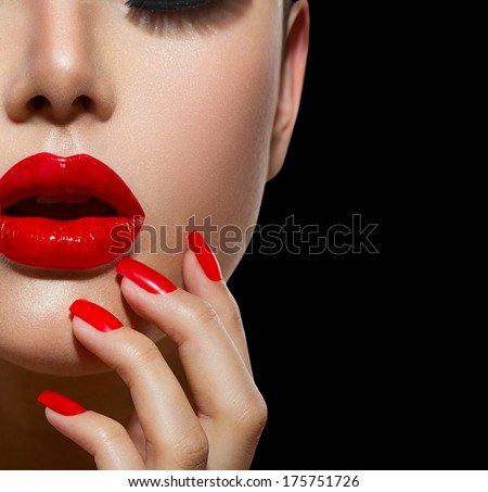 Red Sexy Lips And Nails Closeup. Open Mouth. Manicure And Makeup. Make Up Concept. Half Of Beauty Model Girl\'S Face Isolated On Black Background