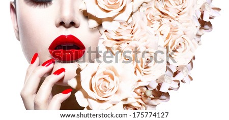 Fashion Sexy Woman with flowers. Vogue style Model girl face with roses. Red Sexy Lips and Nails closeup. Manicure and Makeup. Make up. Beauty lady face isolated on white background. Perfect skin