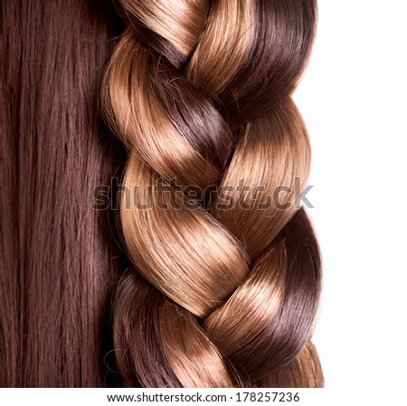 Braid Hairstyle. Brown Long Hair close up. Healthy Hair border isolated on a white background