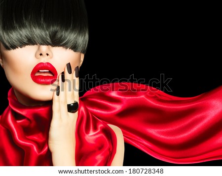 Sexy Model Woman Portrait. High Fashion Girl with Trendy Hair style, Make up and Manicure. Long Black Fringe Hairstyle
