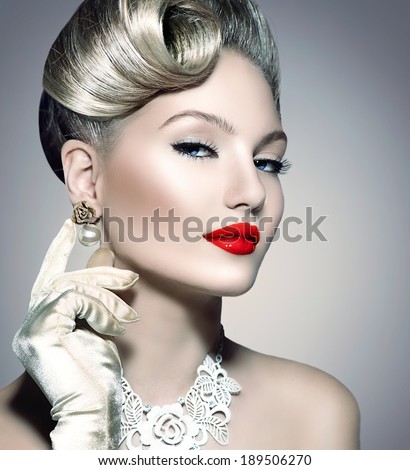 Glamourous Retro Woman Portrait. Beauty Glamour Lady. Jewellery. Pearl Earrings. Vintage styled Girl with perfect make up and hairstyle. Luxury Accessories. Golden Jewelry