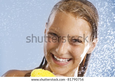 stock photo Happy Teen Girl Taking Shower Bath Healthy SkinWashing