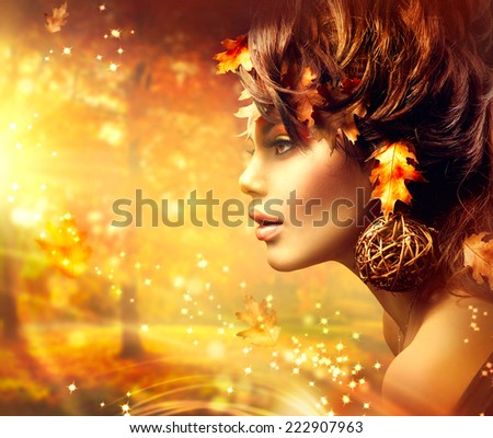 Autumn Woman Fantasy Fashion Golden Portrait. Fall. Beautiful Girl. Fashion Art Border Design. Hairstyle decorated with Autumn leaves.