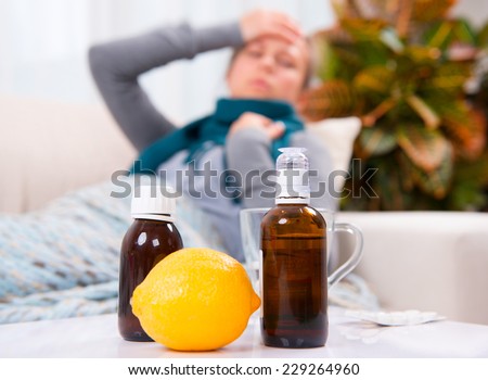 Sick Woman. Flu. Woman Caught Cold. Sneezing into Tissue. Headache. Virus. Medicines
