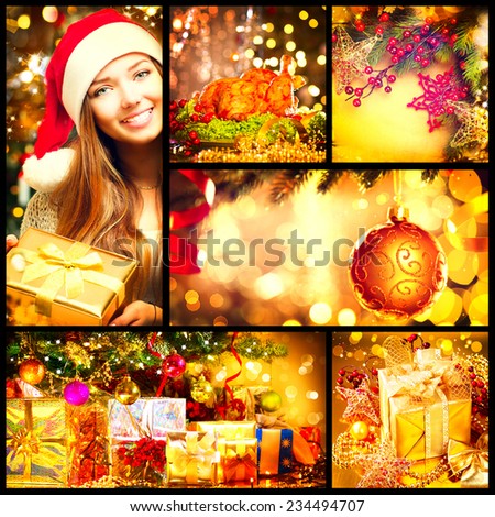 Christmas collage. Beautiful set of New Year celebration images. Happy young woman with gift box, holiday baubles, Christmas tree, Christmas dinner, beauty Golden gifts over glowing background