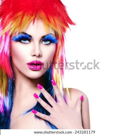 Beauty Fashion Punk Model Girl with Colorful Dyed Hair. Haircut. Colourful Hair. Portrait of a Beautiful Girl with Dyed Hair, professional hair Coloring. Colouring hair