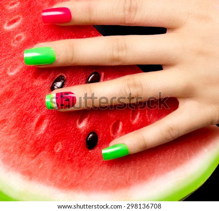 Nail art manicure. Watermelon style bright summer Art Manicure. Nail Polish. Beauty hands. Trendy Stylish Colorful Nails and Nailpolish