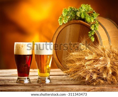 Beer. Still life with Vintage beer barrel and two glasses of dark and light beer. Fresh amber beer concept. Green hop and gold wheat on wooden table. Ingredients for brewery. Brewing traditions