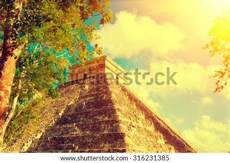 Mayan Pyramid Chichen Itza, Mexico. Ancient Mexican tourist attraction. Maya civilization. Vintage style