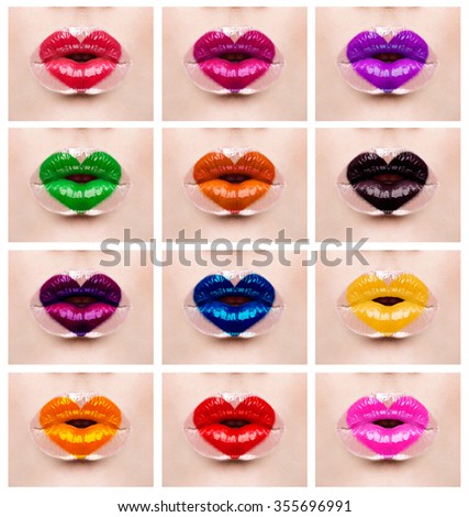 Colorful Heart love lips holiday make up. Colourful set of various lipstick kiss. Valentine\'s Day art makeup design