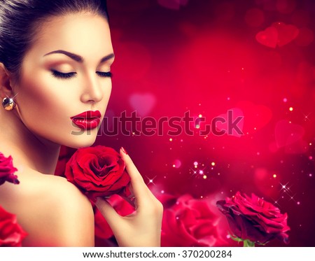Beauty woman with Red Rose. Valentine. Red Lips and Nails. Beautiful Luxury Makeup and Manicure. Valentine\'s Day border design. Portrait of fashion model girl over blurred red background