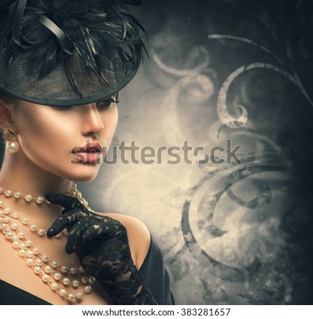 Retro Woman Portrait. Vintage Style Girl Wearing Old fashioned Hat, gloves, pearls necklace and earrings, retro Hairstyle and Make-up. Romantic lady over black background. Pearl Jewellery