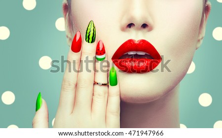 Trendy Watermelon Summer Manicure and Red Lips. Beauty Fashion Makeup and Manicure. Glamour Nail Art and Make up closeup over polka dots background