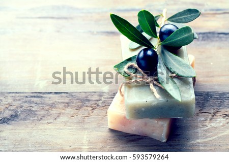 Handmade Spa Olive Oils Soap closeup. Organic Soap making. Soap bars closeup. Spa treatments, skin care concept