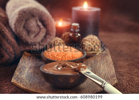 Chocolate Spa, Mask, Bath salt, brown sugar scrub for healthy body and face skin. Aromatherapy. Luxury Spa Treatment. Day-spa.