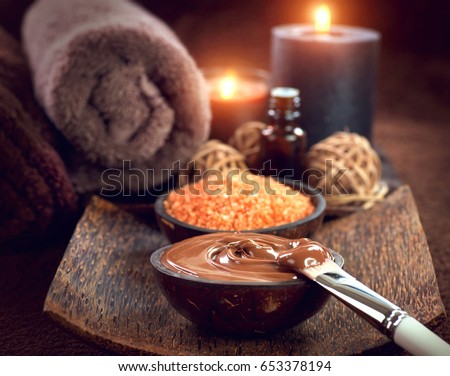 Chocolate Spa, Mask, Bath salt, brown sugar scrub for healthy body and face skin. Aromatherapy. Luxury Spa Treatment. Day-spa.