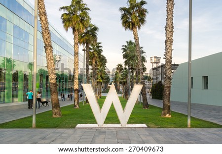 BARCELONETA, SPAIN - OCTOBER 10, 2014: W Hotels & Resorts logo, luxury hotel chain owned by Starwood Hotels & Resorts Worldwide. Known also as Hotel Vela - Sail Hotel. Designed by Ricardo Bofill