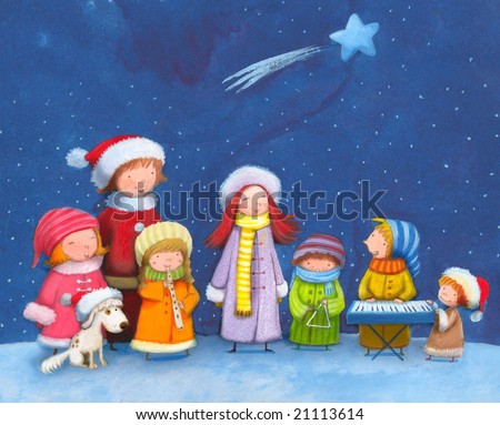 chorus group of seven children with dog singing Christmas carols during Christmas eve