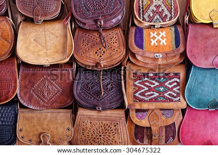 Leather bags for women in the bazaar of Essaouira,Morocco