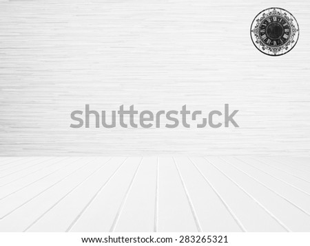 White wood wall and white wood floor. clock stuck wall background