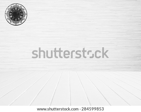 White wood wall and white wood floor. clock stuck wall background