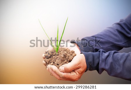 Hand holding soil,Hand dirty with soil on abstract blurred background.