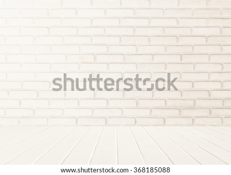 Floor and wall Interior of white brick and white wooden floor sepia tones. Wall texture background. Old room wall. Wood planks stage. House interior design.