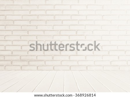 Floor and wall Interior of white brick and white wooden floor sepia tones. Wall texture background. Old room wall. Wood planks stage. House interior design.