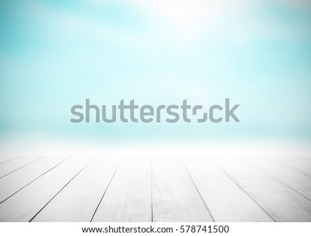 Wood floor with blurred cool sea background. sand sky surf summer cloud resort wave blue window sunshine horizon tropical beach light ocean mind view vacation outdoor relax heaven sunny day foreground