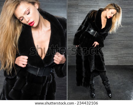 Fashion beautiful blonde woman posing in fur coat. Winter Girl Model in Luxury clothes and furry collar on gray background