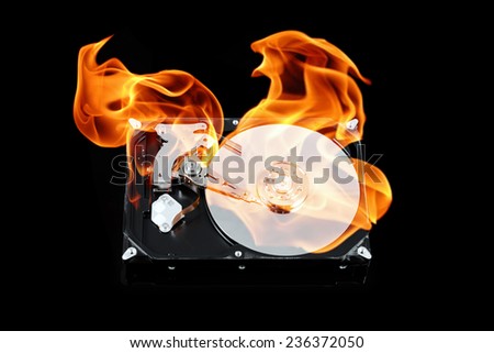 Opened external hard drive on fire. Hard disk failure. Data loss concept, computer crash