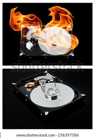 Opened external hard drive on fire. Hard disk failure. Data loss concept, computer crash