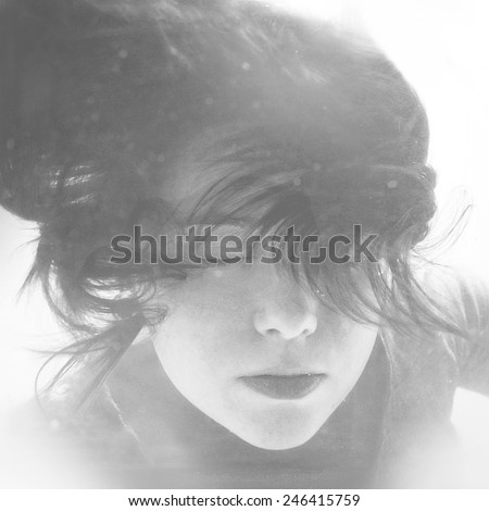 Diving girl. Mermaid face with hair floating in water. Black and white retro stylized underwater photography