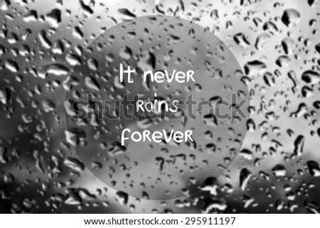 Inspirational quote with words It never rains forever on blurred natural background with water drops on window glass texture