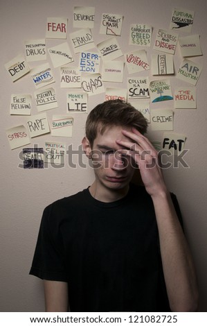 Male model posing with negative sticky notes on the back wall.