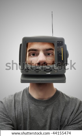A miniature television screen on a person\'s head. This demonstrates what is on his mind, and perhaps brainwashing.