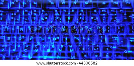 A transparent, blue backlit keyboard that glows in the dark abstract background