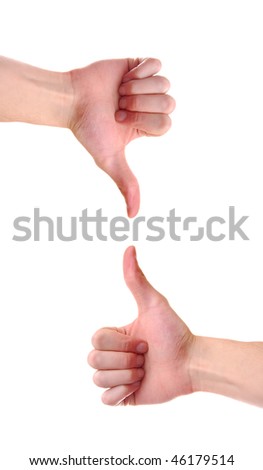 Isolated white Caucasian hands with thumbs up and thumbs down.