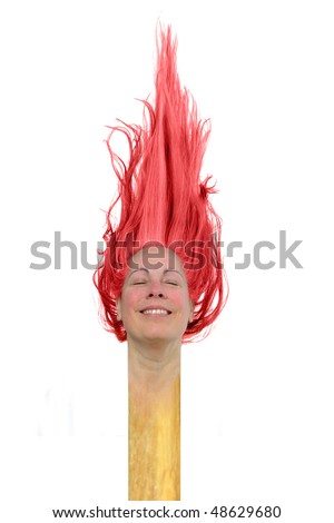 A woman with red dyed hair with her head as the head of a match stick with red hair as the flame isolated on white background - stock photo
